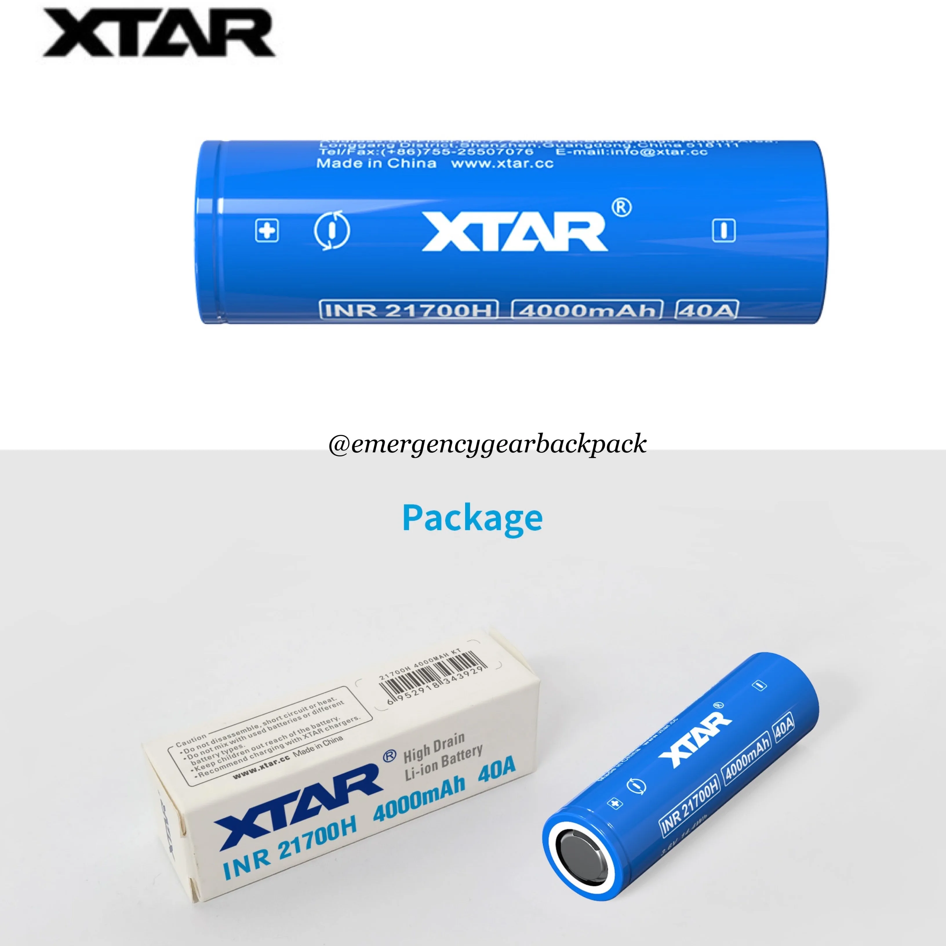 XTAR INR21700H 4000mAh 3.6V 40A  High-drain Li-ion Battery