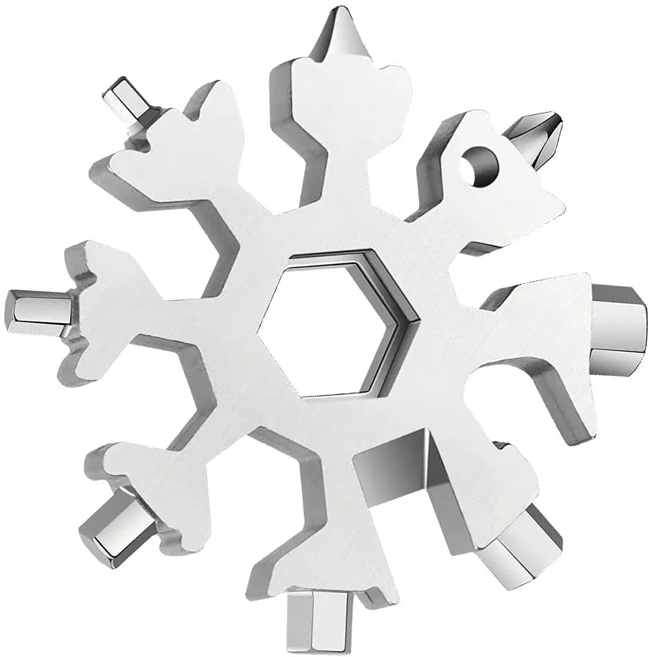 XVEN 18-In-1 Snowflake Multi Tool Portable, Stainless Steel Snowflake Bottle Opener/Flat Phillips Screwdriver Kit/Wrench, with Keychain, Great Christmas Gift(Silver)