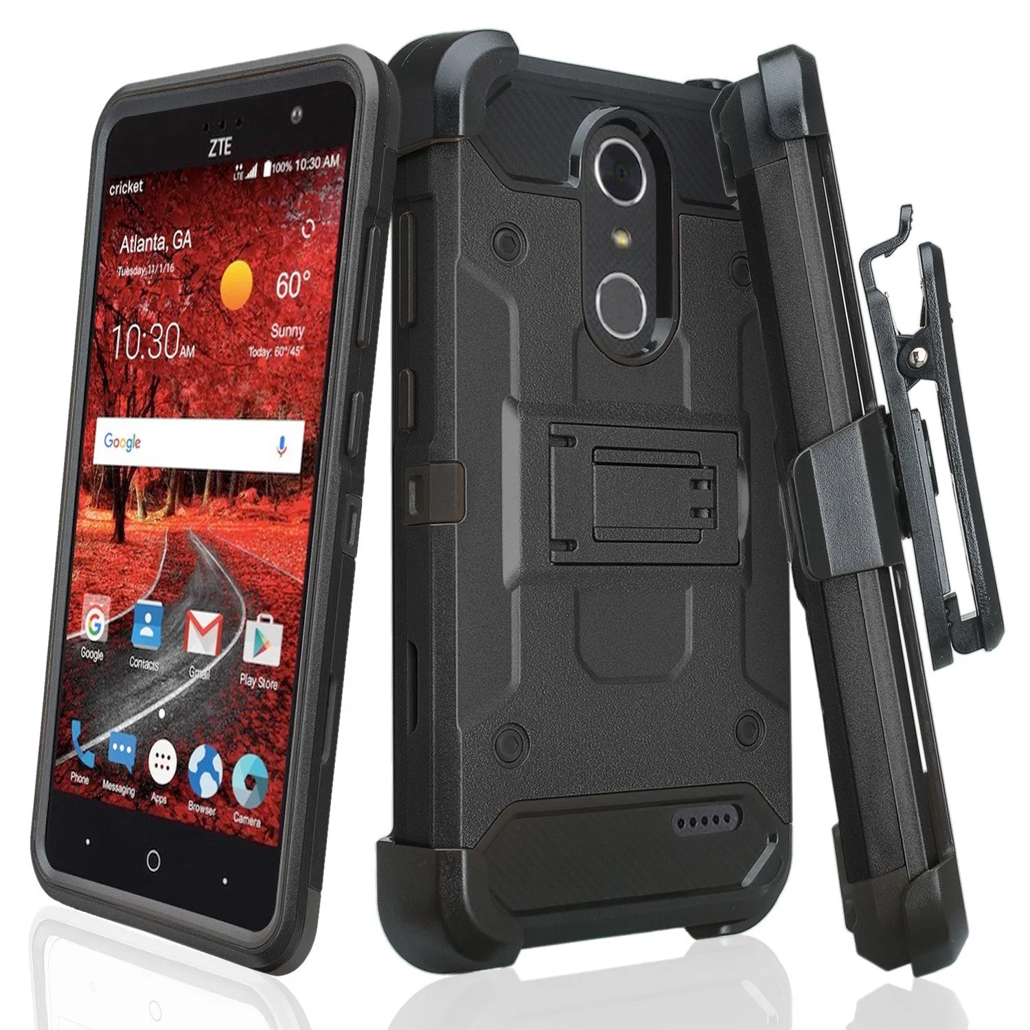 ZTE Blade Spark Z971, ZTE ZMAX One, ZTE Grand X4, X 4 Case, Rugged Hybrid [Belt Clip] Holster Cover [Kickstand] - Black