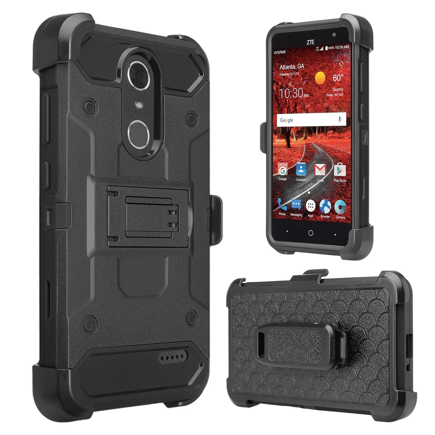 ZTE Blade Spark Z971, ZTE ZMAX One, ZTE Grand X4, X 4 Case, Rugged Hybrid [Belt Clip] Holster Cover [Kickstand] - Black
