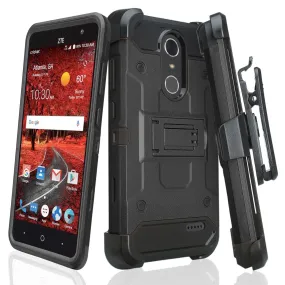 ZTE Blade Spark Z971, ZTE ZMAX One, ZTE Grand X4, X 4 Case, Rugged Hybrid [Belt Clip] Holster Cover [Kickstand] - Black