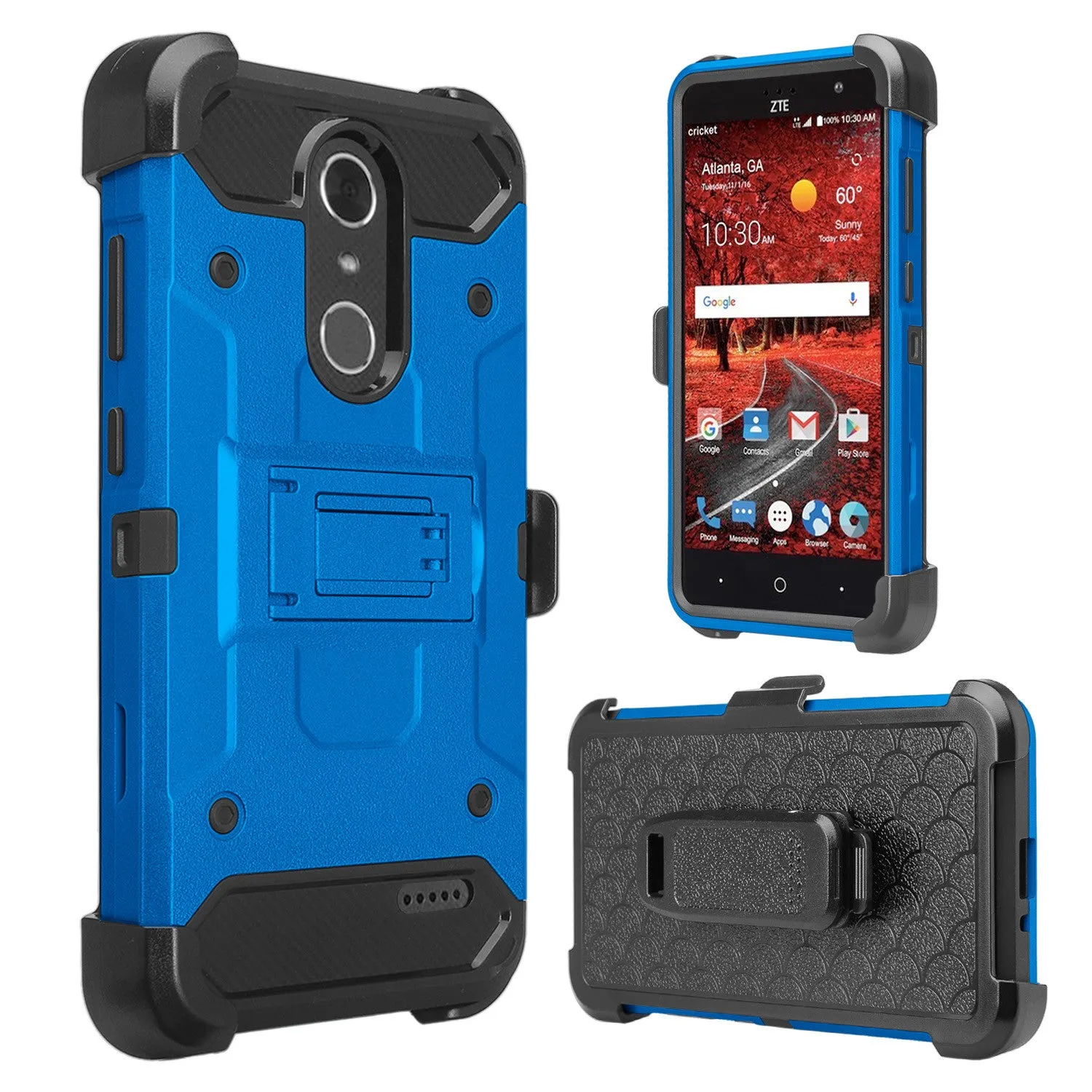 ZTE Blade Spark Z971, ZTE ZMAX One, ZTE Grand X4, X 4 Case, Rugged Hybrid [Belt Clip] Holster Cover [Kickstand] - Blue