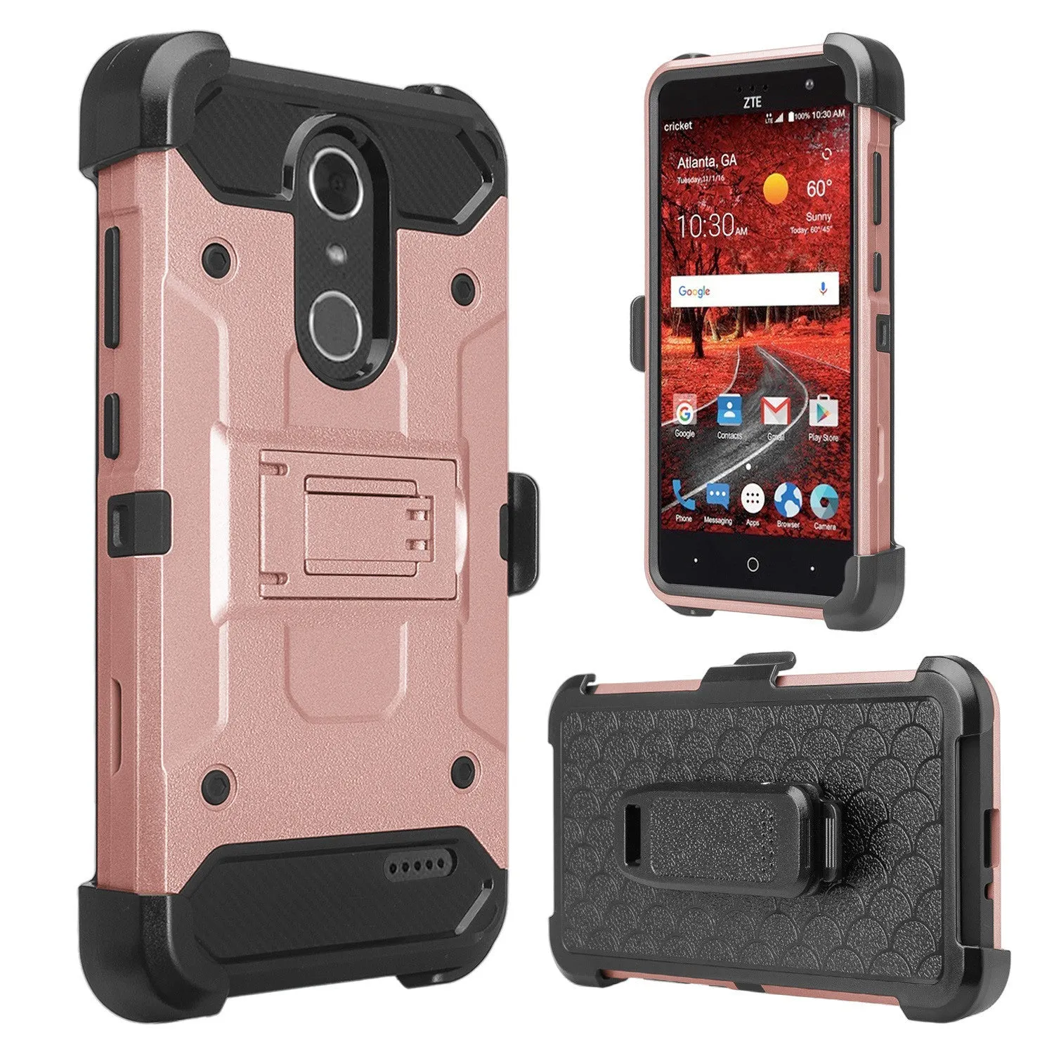 ZTE Blade Spark Z971, ZTE ZMAX One, ZTE Grand X4, X 4 Case, Rugged Hybrid [Belt Clip] Holster Cover [Kickstand] - Rose Gold