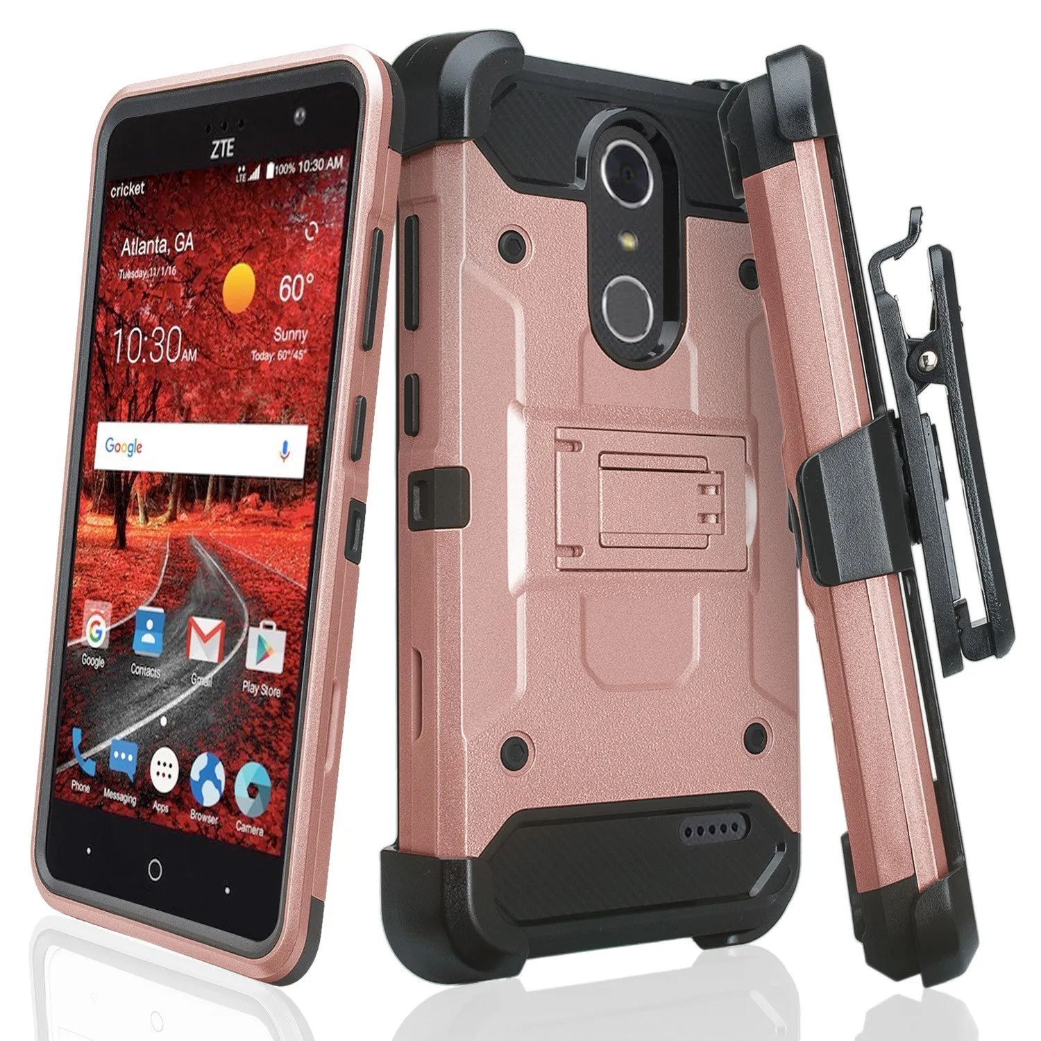 ZTE Blade Spark Z971, ZTE ZMAX One, ZTE Grand X4, X 4 Case, Rugged Hybrid [Belt Clip] Holster Cover [Kickstand] - Rose Gold